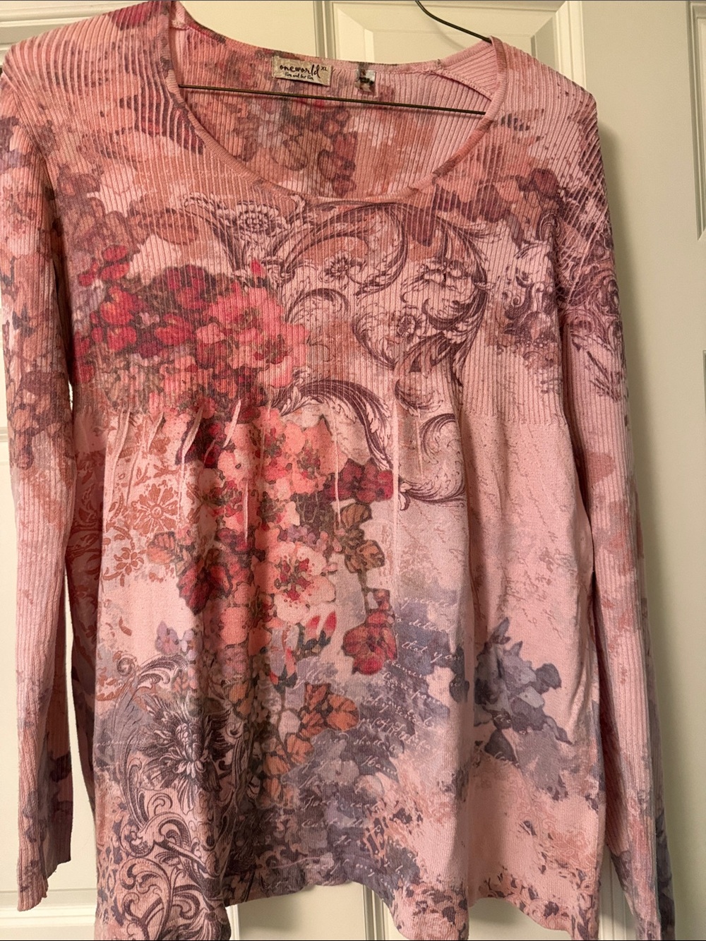 ONE WORLD Pink Floral & Scroll Long-Sleeve Top